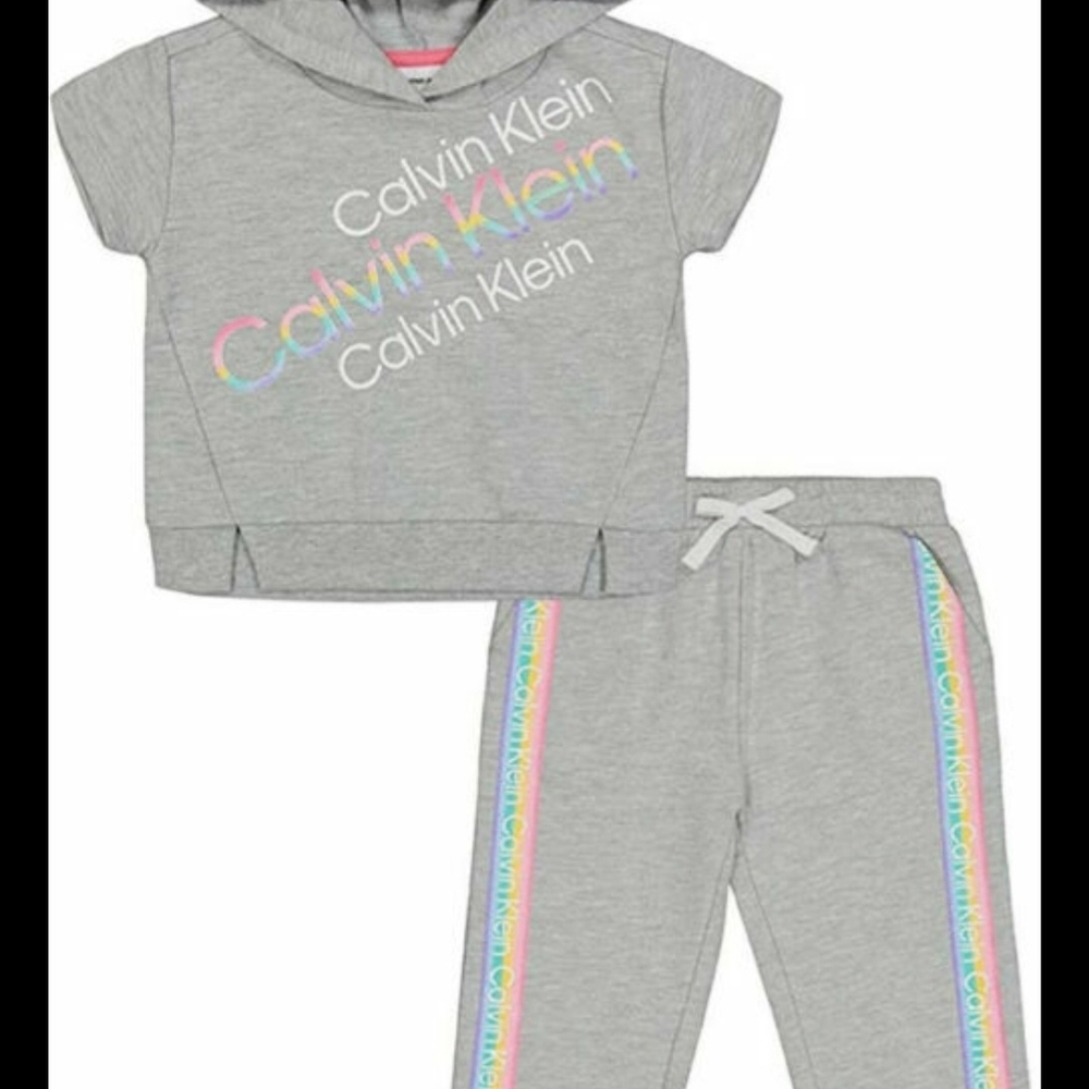 Calvin Klein Gray and Pink Short Sleeve Jogger Set with Rainbow Detail - Picture 1 of 8